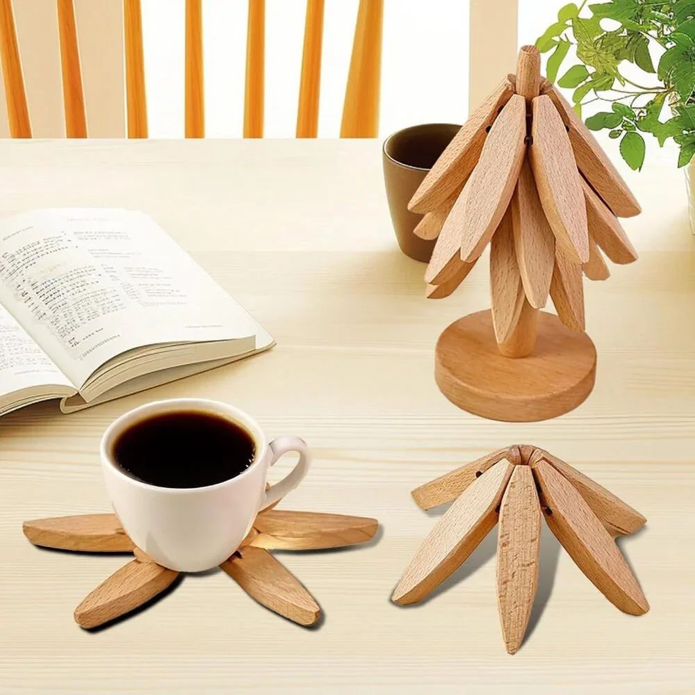 Wooden Trivets for Hot Dishes-Tree Shape Trivet Set, 4 Walnut Wood + 1 Stand sto